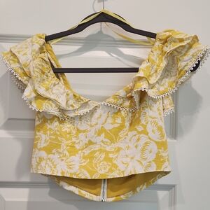 BCBGMaxAzria Yellow and White Cropped Floral Ruffle Blouse
